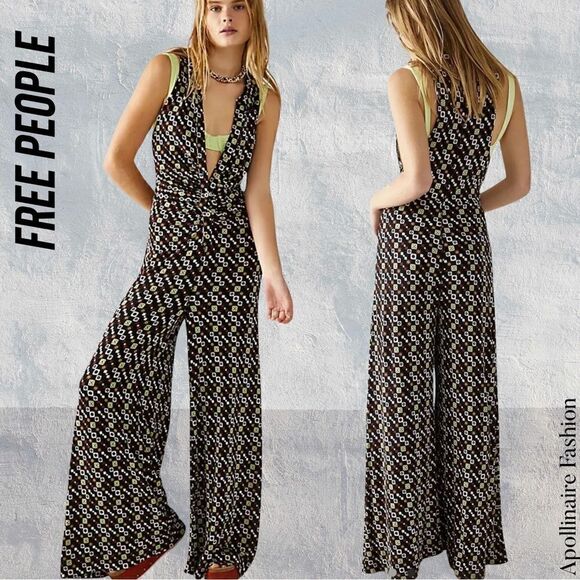 FREE PEOPLE SHAYLA HALTER JUMPSUIT IN BLACK COMBO SMALL NWT - Picture 1 of 9